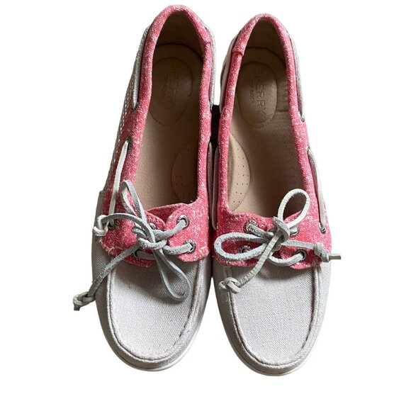 Sperry Top-Sider Womens Casual Canvas Slip On Boat Shoes-Tan/Coral-Size 7.5M - Picture 1 of 9